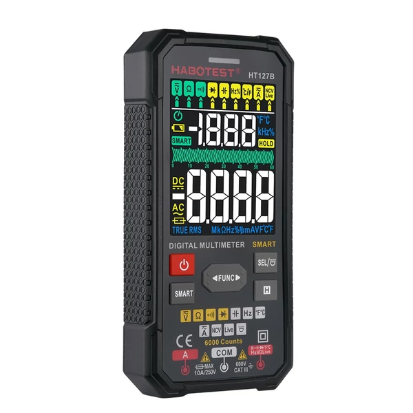 HABOTEST intelligens digitális multiméter, 3,1 hüvelykes LCD 6000 számláló univerzális mérőműszer, automatikus hatótávolság True RMS NCV teszter 600 V voltmérő 6 A ampermérő 60 MΩ ohmmérő 60 mF kondenzátor hőmérsékletmérő - HT127B VA kijelző