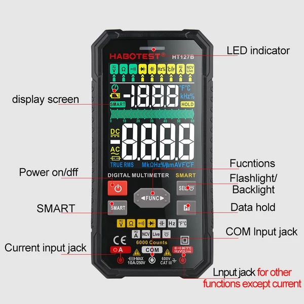 HABOTEST intelligens digitális multiméter, 3,1 hüvelykes LCD 6000 számláló univerzális mérőműszer, automatikus hatótávolság True RMS NCV teszter 600 V voltmérő 6 A ampermérő 60 MΩ ohmmérő 60 mF kondenzátor hőmérsékletmérő - HT127B VA kijelző
