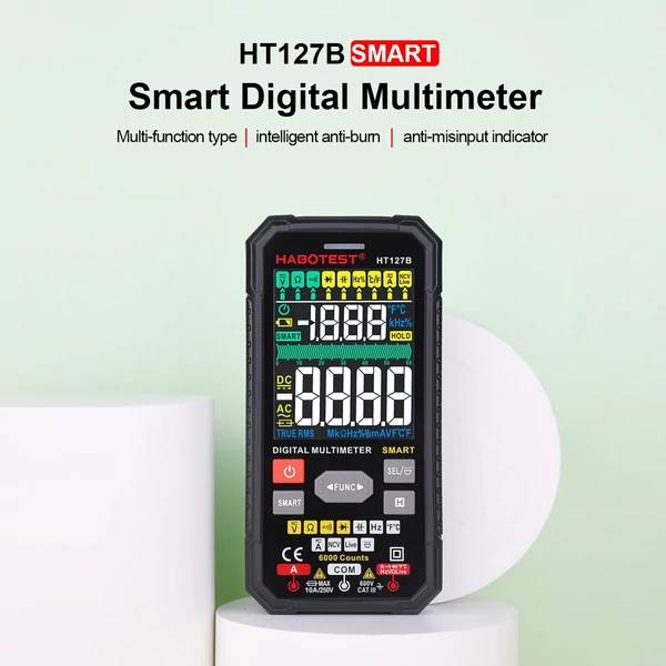 HABOTEST intelligens digitális multiméter, 3,1 hüvelykes LCD 6000 számláló univerzális mérőműszer, automatikus hatótávolság True RMS NCV teszter 600 V voltmérő 6 A ampermérő 60 MΩ ohmmérő 60 mF kondenzátor hőmérsékletmérő - HT127B VA kijelző