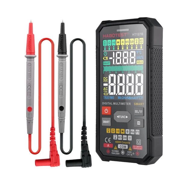 HABOTEST intelligens digitális multiméter, 3,1 hüvelykes LCD 6000 számláló univerzális mérőműszer, automatikus hatótávolság True RMS NCV teszter 600 V voltmérő 6 A ampermérő 60 MΩ ohmmérő 60 mF kondenzátor hőmérsékletmérő - HT127B VA kijelző