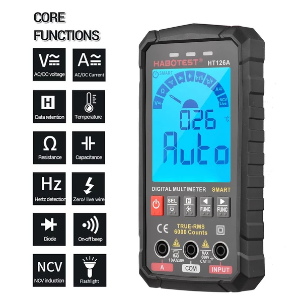 HABOTEST intelligens digitális multiméter 6000 valódi RMS-t számol, automatikus mérési tartomány LCD háttérvilágítással, hőmérséklet méréssel AC/DC feszültség Áram kapacitás ellenállás Frekvencia folytonosság dióda tesztelése - HT126A