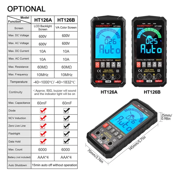 HABOTEST intelligens digitális multiméter 6000 valódi RMS-t számol, automatikus mérési tartomány LCD háttérvilágítással, hőmérséklet méréssel AC/DC feszültség Áram kapacitás ellenállás Frekvencia folytonosság dióda tesztelése - HT126A