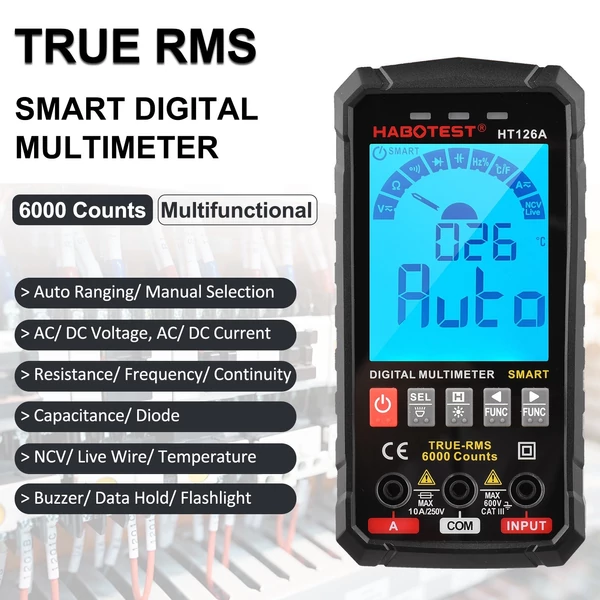 HABOTEST intelligens digitális multiméter 6000 valódi RMS-t számol, automatikus mérési tartomány LCD háttérvilágítással, hőmérséklet méréssel AC/DC feszültség Áram kapacitás ellenállás Frekvencia folytonosság dióda tesztelése - HT126A