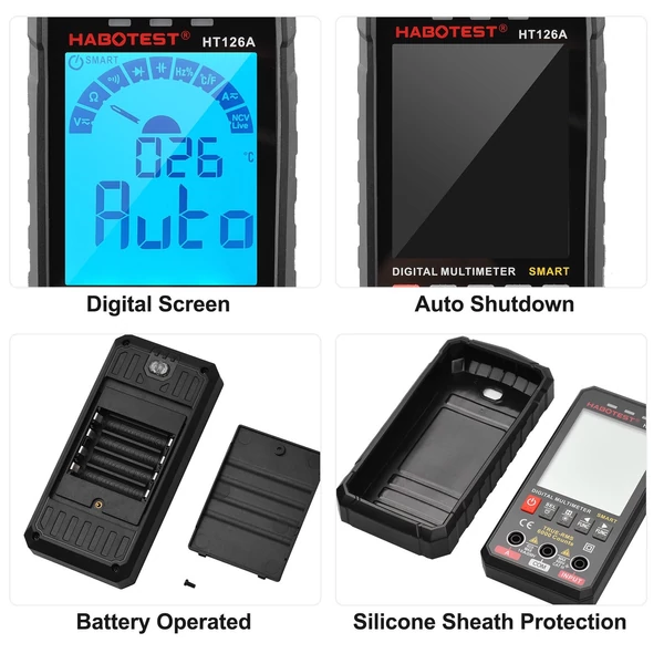 HABOTEST intelligens digitális multiméter 6000 valódi RMS-t számol, automatikus mérési tartomány LCD háttérvilágítással, hőmérséklet méréssel AC/DC feszültség Áram kapacitás ellenállás Frekvencia folytonosság dióda tesztelése - HT126A