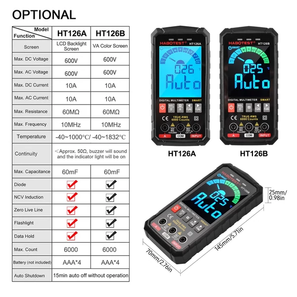 HABOTEST intelligens digitális multiméter 6000 valódi RMS-t számol, automatikus mérési tartomány LCD háttérvilágítással, hőmérséklet méréssel AC/DC feszültség Áram kapacitás ellenállás Frekvencia folytonosság dióda tesztelése - HT126B