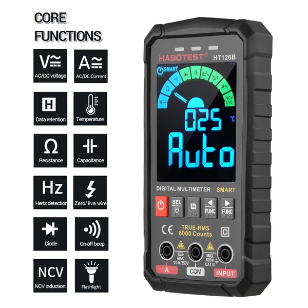 HABOTEST intelligens digitális multiméter 6000 valódi RMS-t számol, automatikus mérési tartomány LCD háttérvilágítással, hőmérséklet méréssel AC/DC feszültség Áram kapacitás ellenállás Frekvencia folytonosság dióda tesztelése - HT126B