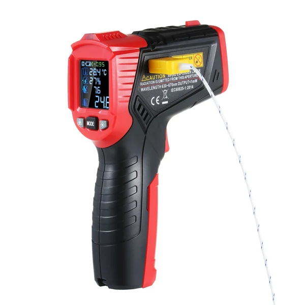 HABOTEST érintésmentes infravörös precíziós magas hőmérsékletű hőmérő páratartalom harmatpont hőmérsékletmérő K-típusú hőelemes, állítható emissziós UV szivárgásérzékelő lámpával HVAC autószerelők, villanyszerelők számára