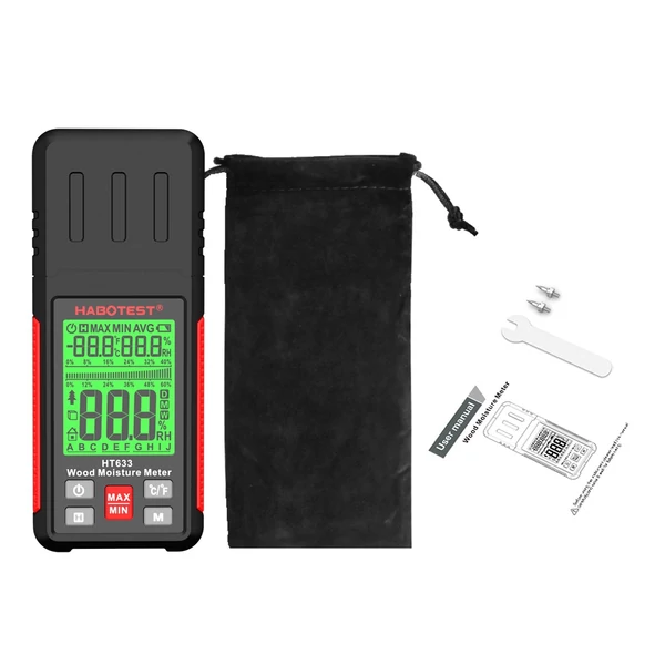 HABOTEST HT633 tű típusú digitális nedvességérzékelő, környezeti hőmérséklet és páratartalom LCD háttérvilágítású kijelzővel fa építőanyagokhoz
