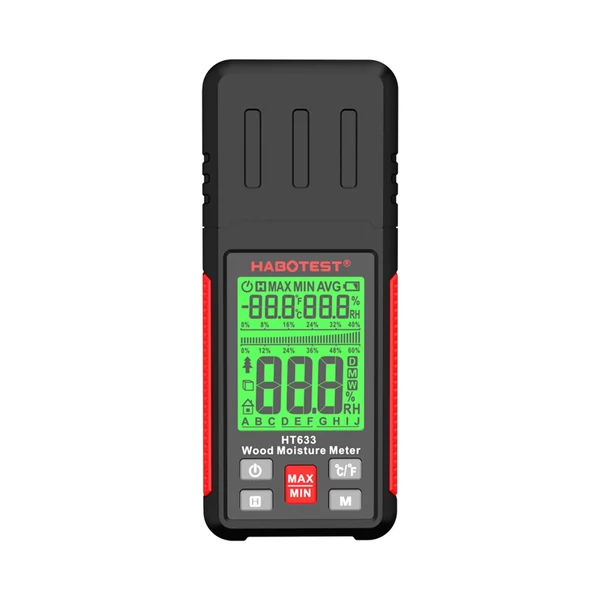 HABOTEST HT633 tű típusú digitális nedvességérzékelő, környezeti hőmérséklet és páratartalom LCD háttérvilágítású kijelzővel fa építőanyagokhoz