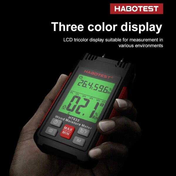 HABOTEST HT633 tű típusú digitális nedvességérzékelő, környezeti hőmérséklet és páratartalom LCD háttérvilágítású kijelzővel fa építőanyagokhoz