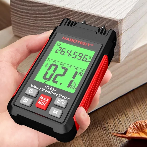 HABOTEST HT633 tű típusú digitális nedvességérzékelő, környezeti hőmérséklet és páratartalom LCD háttérvilágítású kijelzővel fa építőanyagokhoz