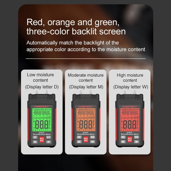 HABOTEST HT633 tű típusú digitális nedvességérzékelő, környezeti hőmérséklet és páratartalom LCD háttérvilágítású kijelzővel fa építőanyagokhoz