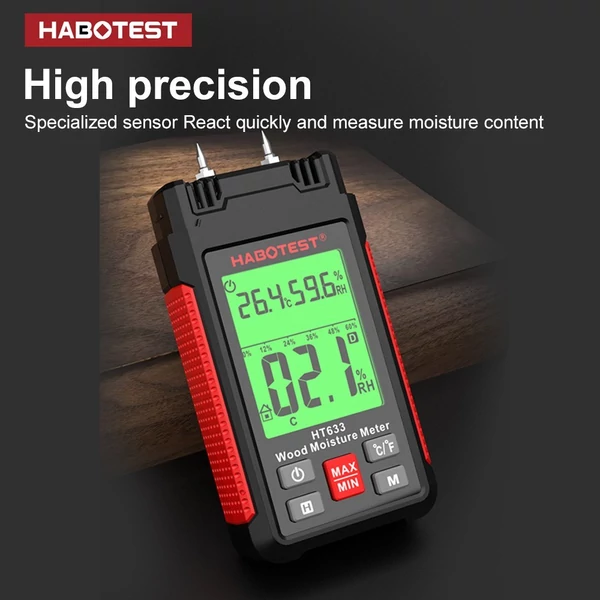 HABOTEST HT633 tű típusú digitális nedvességérzékelő, környezeti hőmérséklet és páratartalom LCD háttérvilágítású kijelzővel fa építőanyagokhoz