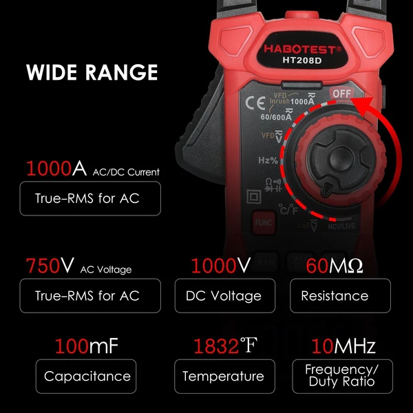 HABOTEST AC/DC digitális bilincsmérő True-RMS multiméter, tartományellenállású többtesztelő árambilincs Amper Volt Ohm Dióda kapacitás-ellenállás folytonosság NCV hőmérséklet terhelhetőségi arány VFD tesztek