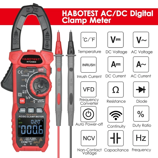 HABOTEST AC/DC digitális bilincsmérő True-RMS multiméter, tartományellenállású többtesztelő árambilincs Amper Volt Ohm Dióda kapacitás-ellenállás folytonosság NCV hőmérséklet terhelhetőségi arány VFD tesztek