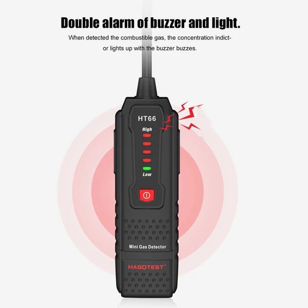 HABOTEST HT66 Mini kézi éghetőgáz-érzékelő műszer hosszú szondával, gázszivárgás-figyelővel, PPM-mérő metánkoncentráció-riasztó műszer