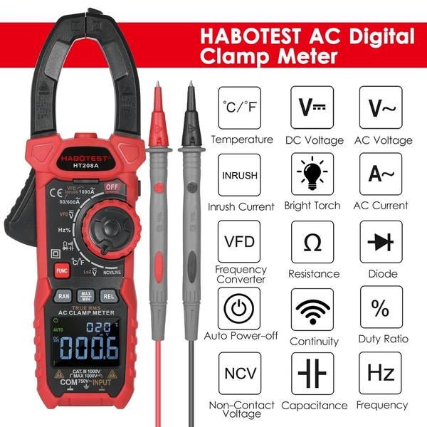 HABOTEST AC digitális bilincsmérő True-RMS multiméter, automatikus tartományú több tesztelő árambilincs Amper Volt Ohm Dióda Kapacitás Ellenállás Folytonosság NCV Hőmérséklet terhelési arány VFD teszt