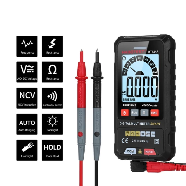 HABOTEST intelligens digitális multiméter 4000 valódi RMS-t számol, automatikus hatótávolságú feszültségmérő háttérvilágítású LCD-képernyővel 600 V AC DC Voltméter Elektromos teszttoll LED-es zseblámpa Multifunkciós ellenállás Folytonosság Frekvencia Kapa