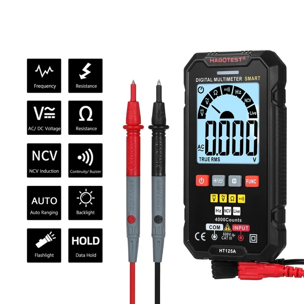 HABOTEST HT125A intelligens digitális multiméter, 4000 valódi RMS-t számol, automatikus tartományban lévő feszültségmérő háttérvilágítású LCD-képernyővel 600 V AC DC elektromos teszttoll LED-es zseblámpa többfunkciós ellenállás-folytonosság-frekvencia tes