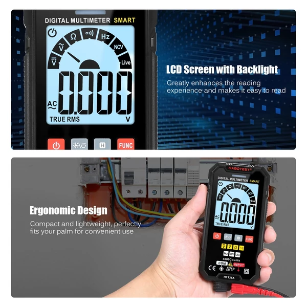 HABOTEST HT125A intelligens digitális multiméter, 4000 valódi RMS-t számol, automatikus tartományban lévő feszültségmérő háttérvilágítású LCD-képernyővel 600 V AC DC elektromos teszttoll LED-es zseblámpa többfunkciós ellenállás-folytonosság-frekvencia tes