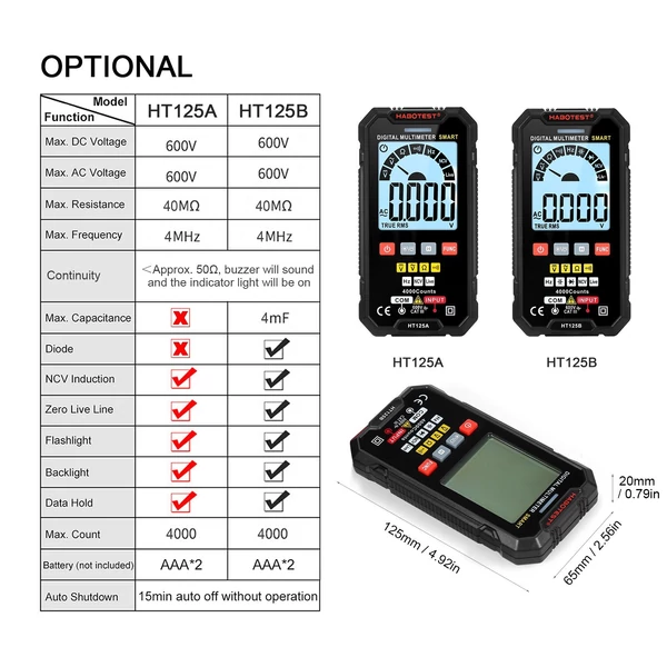 HABOTEST HT125A intelligens digitális multiméter, 4000 valódi RMS-t számol, automatikus tartományban lévő feszültségmérő háttérvilágítású LCD-képernyővel 600 V AC DC elektromos teszttoll LED-es zseblámpa többfunkciós ellenállás-folytonosság-frekvencia tes