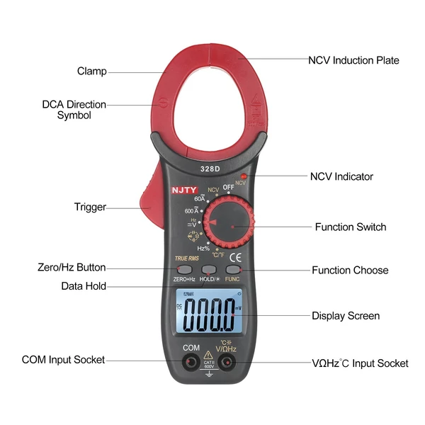 NJTY 328D 600A AC Clamp Meter Automatikus hatótávolság 6000 Számol 1,6 hüvelykes LCD digitális AC True RMS NCV