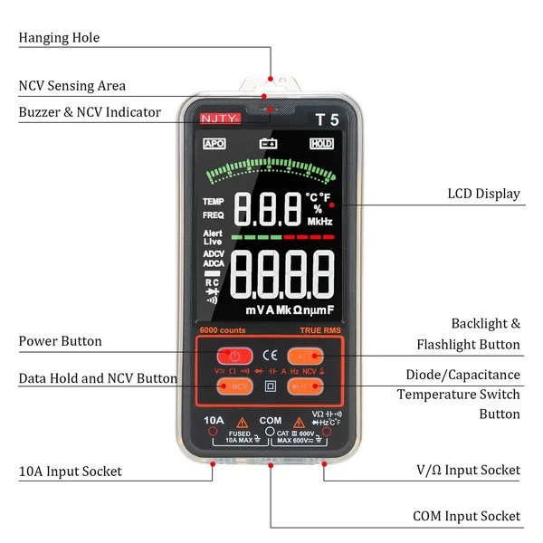 NJTY T5 6000 számít valódi RMS multiméter digitális univerzális tesztelő 3,8 hüvelykes nagy LCD kijelző Multi-Tester 600V voltmérő 10A ampermérő AC/DC ellenállás Kapacitás hőmérséklet Dióda hangjelző NCV mérés kettős zseblámpával