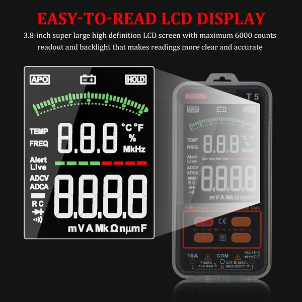 NJTY T5 6000 számít valódi RMS multiméter digitális univerzális tesztelő 3,8 hüvelykes nagy LCD kijelző Multi-Tester 600V voltmérő 10A ampermérő AC/DC ellenállás Kapacitás hőmérséklet Dióda hangjelző NCV mérés kettős zseblámpával