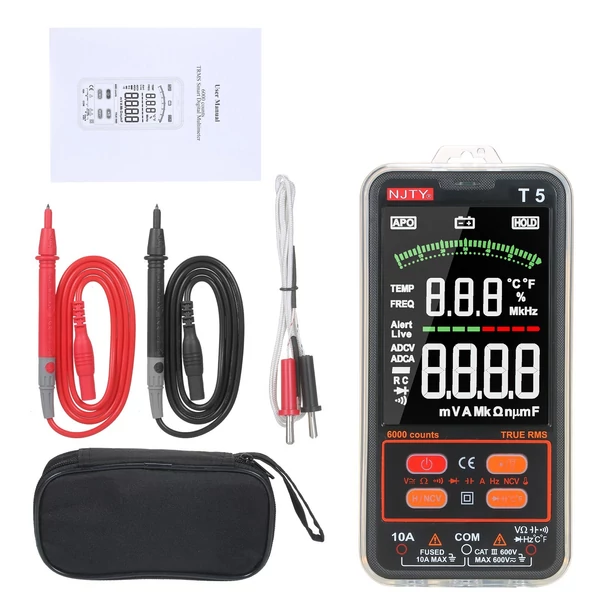 NJTY T5 6000 számít valódi RMS multiméter digitális univerzális tesztelő 3,8 hüvelykes nagy LCD kijelző Multi-Tester 600V voltmérő 10A ampermérő AC/DC ellenállás Kapacitás hőmérséklet Dióda hangjelző NCV mérés kettős zseblámpával