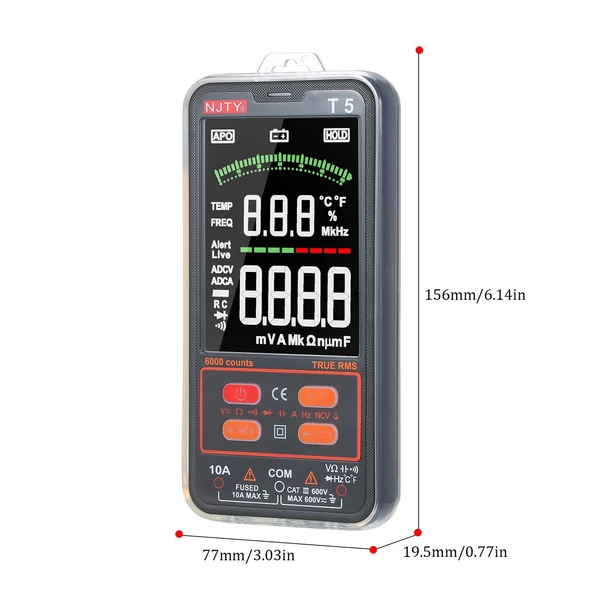 NJTY T5 6000 számít valódi RMS multiméter digitális univerzális tesztelő 3,8 hüvelykes nagy LCD kijelző Multi-Tester 600V voltmérő 10A ampermérő AC/DC ellenállás Kapacitás hőmérséklet Dióda hangjelző NCV mérés kettős zseblámpával