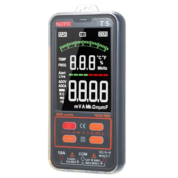 NJTY T5 6000 számít valódi RMS multiméter digitális univerzális tesztelő 3,8 hüvelykes nagy LCD kijelző Multi-Tester 600V voltmérő 10A ampermérő AC/DC ellenállás Kapacitás hőmérséklet Dióda hangjelző NCV mérés kettős zseblámpával