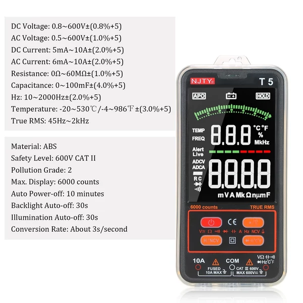 NJTY T5 6000 számít valódi RMS multiméter digitális univerzális tesztelő 3,8 hüvelykes nagy LCD kijelző Multi-Tester 600V voltmérő 10A ampermérő AC/DC ellenállás Kapacitás hőmérséklet Dióda hangjelző NCV mérés kettős zseblámpával