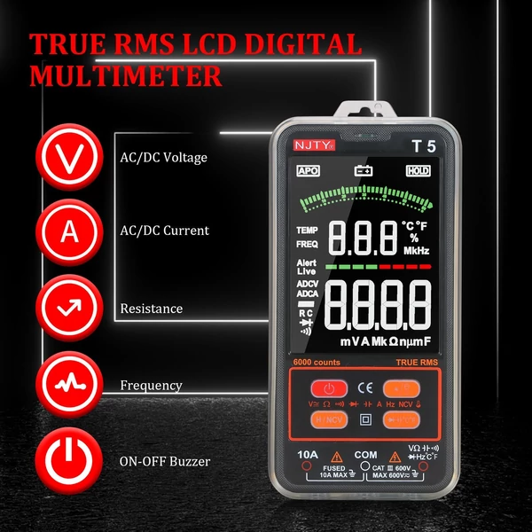 NJTY T5 6000 számít valódi RMS multiméter digitális univerzális tesztelő 3,8 hüvelykes nagy LCD kijelző Multi-Tester 600V voltmérő 10A ampermérő AC/DC ellenállás Kapacitás hőmérséklet Dióda hangjelző NCV mérés kettős zseblámpával