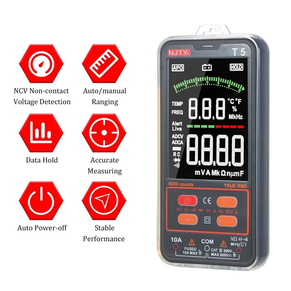 NJTY T5 6000 számít valódi RMS multiméter digitális univerzális tesztelő 3,8 hüvelykes nagy LCD kijelző Multi-Tester 600V voltmérő 10A ampermérő AC/DC ellenállás Kapacitás hőmérséklet Dióda hangjelző NCV mérés kettős zseblámpával