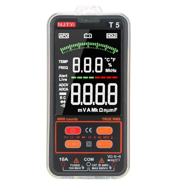 NJTY T5 6000 számít valódi RMS multiméter digitális univerzális tesztelő 3,8 hüvelykes nagy LCD kijelző Multi-Tester 600V voltmérő 10A ampermérő AC/DC ellenállás Kapacitás hőmérséklet Dióda hangjelző NCV mérés kettős zseblámpával