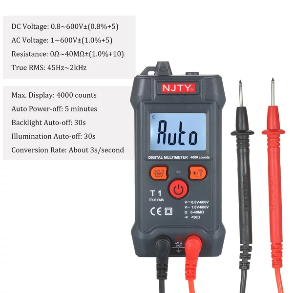 NJTY tenyérméretű LCD digitális multiméter, automatikus hatótávolság NCV 4000 valódi RMS Smart 600 V Voltméter Ohm teszter AC/DC ellenállást mérő BE-KI berregő