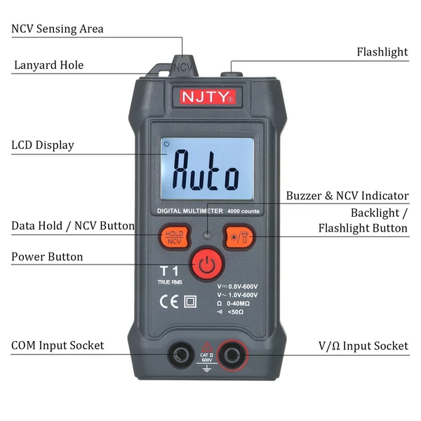 NJTY tenyérméretű LCD digitális multiméter, automatikus hatótávolság NCV 4000 valódi RMS Smart 600 V Voltméter Ohm teszter AC/DC ellenállást mérő BE-KI berregő