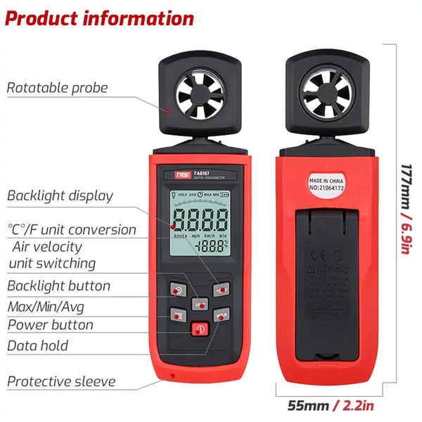 TASI TA8161 digitális anemométer, nagy pontosságú kézi anemográf szélsebesség-jelző levegősebesség levegő hőmérséklet mérés