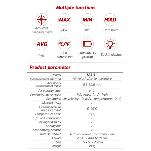 TASI TA8161 digitális anemométer, nagy pontosságú kézi anemográf szélsebesség-jelző levegősebesség levegő hőmérséklet mérés