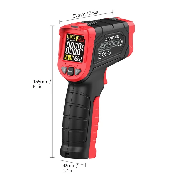 TASI érintésmentes IR digitális kézi hőmérsékletmérő 12:1 pirométer színes LCD kijelző háttérvilágítással - -50～680 ℃