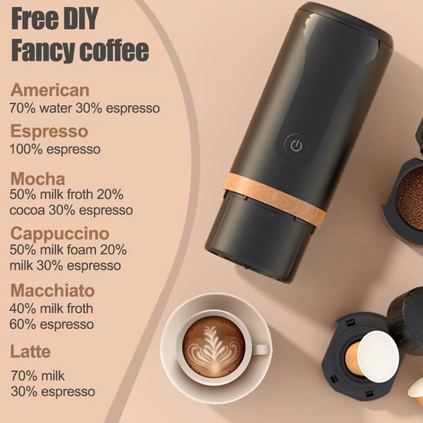 Hordozható eszpresszógép 9 bar nyomás 2 az 1-ben kompatibilis Nespresso kapszulákkal őrölt kávé kempingezéshez, túrázáshoz - Fekete