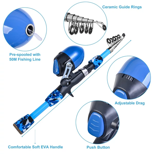 Gyermek horgászbot és orsó kombó összecsukható horgászszékkel leszállóháló Teleszkópos horgászbot-tartozékok doboz tartozékokkal