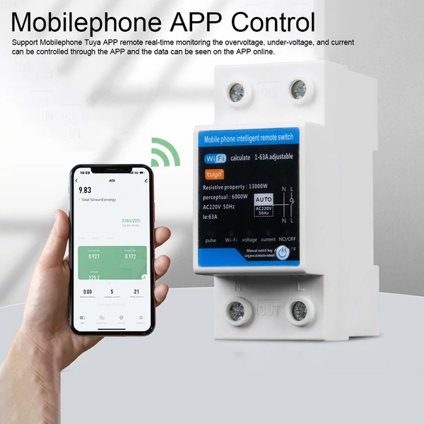 Tuya WiFi intelligens visszazáródó védő LCD kijelző Többfunkciós áramfeszültség figyelő teljesítménymérő védelmek APP vezérlés előrefizetési és előrefizetési jelszókezelési funkcióval
