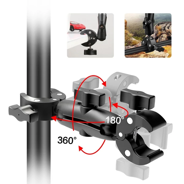 PULUZ PU849B flexibilis motorkerékpár dupla rák bilincsek 360°-ban forgatható sportkamera kormányrúd fix rögzítéssel