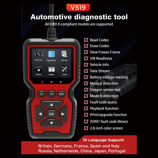V519 OBDII diagnosztikai járműkódolvasó továbbfejlesztett támogatási nyomtatási funkciók minden OBD II protokoll autóhoz 1996 óta
