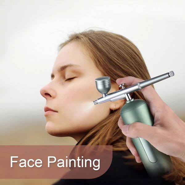 Hordozható vezeték nélküli airbrush kompresszorral, kettős működésű, 2 fokozatban állítható nyomású beépített akkumulátorral - Zöld