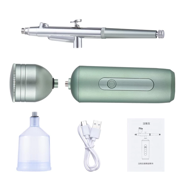 Hordozható vezeték nélküli airbrush kompresszorral, kettős működésű, 2 fokozatban állítható nyomású beépített akkumulátorral - Zöld