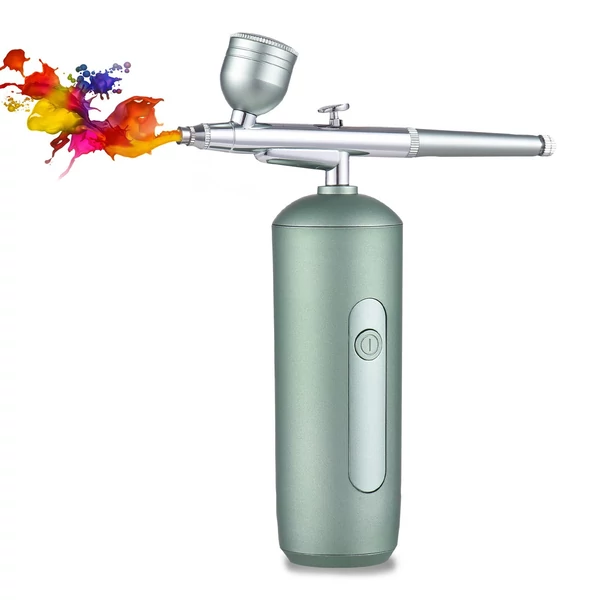 Hordozható vezeték nélküli airbrush kompresszorral, kettős működésű, 2 fokozatban állítható nyomású beépített akkumulátorral - Zöld