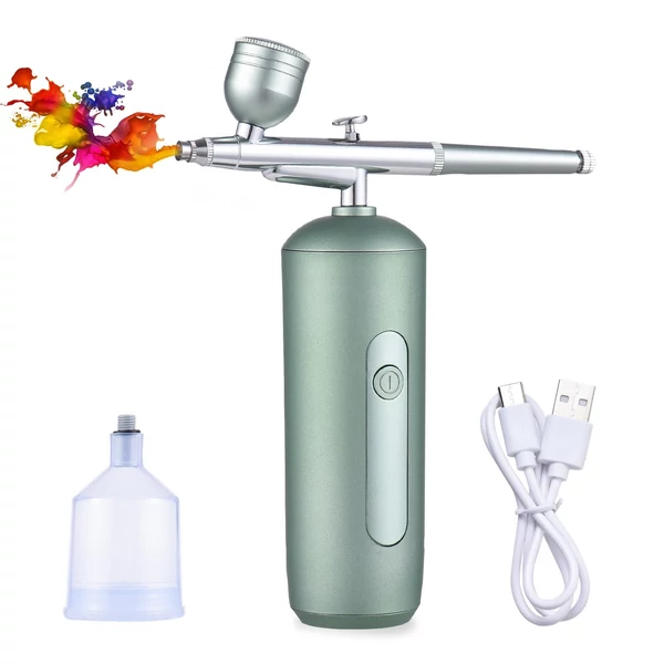 Hordozható vezeték nélküli airbrush kompresszorral, kettős működésű, 2 fokozatban állítható nyomású beépített akkumulátorral - Zöld