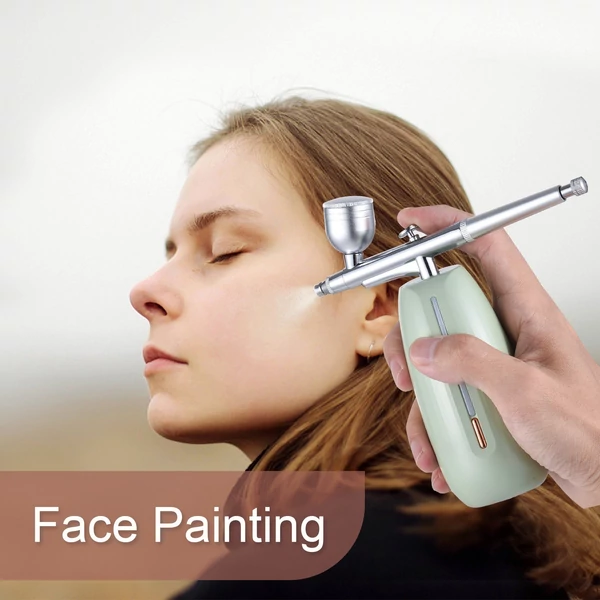 Hordozható vezeték nélküli airbrush kompresszorral, kettős működésű, 2 fokozatban állítható nyomású beépített akkumulátorral - Világos zöld